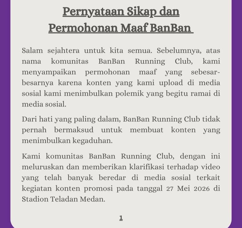 BanBan Running Club Minta Maaf Usai Aksinya di Stadion Teladan Medan Tuai Kritikan