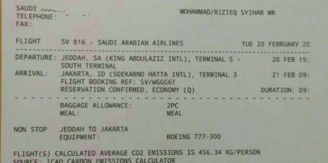 Rizieq Syihab Tiba di Indonesia 21 Februari, Ini Penampakan Tiketnya